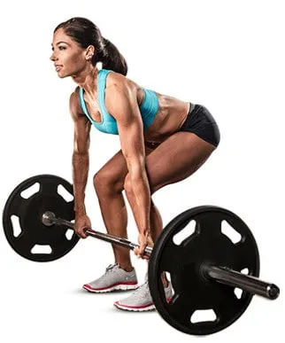 a women performing a conventional deadlift with a barbell.